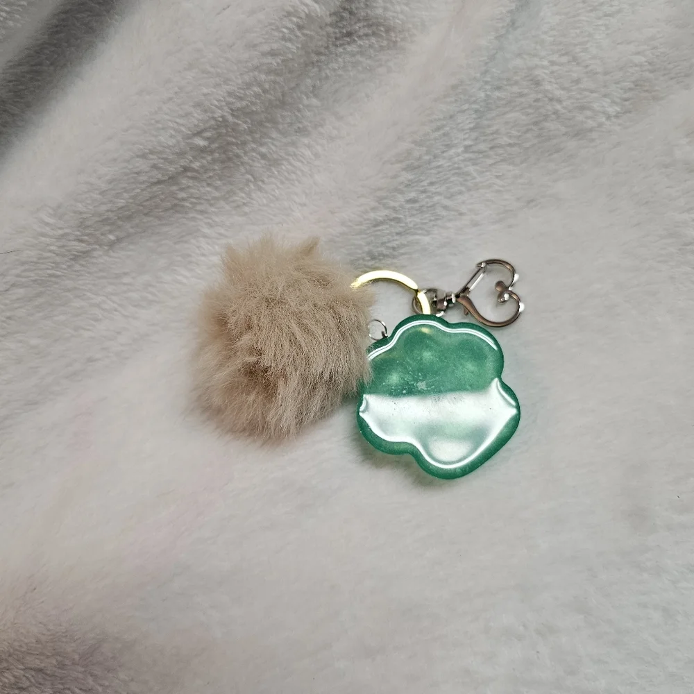 Handmade Beautiful Beacon Resin Green Paw with Tan Fluff Purse Charm Key Chain